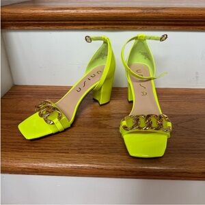 Unisa Neon Yellow Gold-Chain Block Heel Sandals